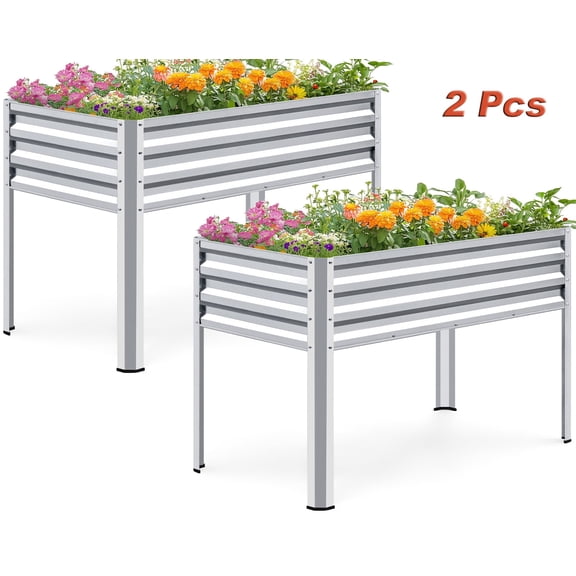 KING BIRD 2PCS 47"×24"×32" Raised Garden Bed with Legs Galvanized Steel Metal Elevated Garden Planter Box for Outdoor Gardening Silver
