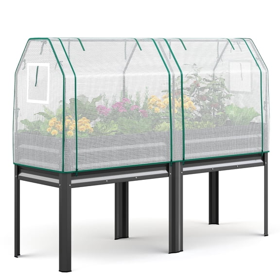 KING BIRD 71"×23"×55" Raised Garden Bed with Greenhouse, Legs Galvanized Steel Metal Elevated Garden Planter Box for Outdoor Gardening Dark Gray
