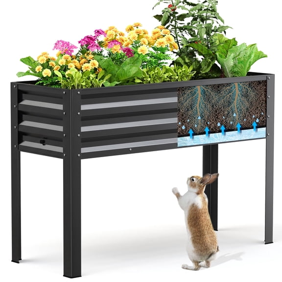 King Bird Galvanized Steel Raised Garden Bed Kit, 48.4"x17"x31.5" Metal Planter Box with Self-Watering Basin Cells, Tall Elevated Garden Bed for Vegetables & Flowers Deep Gray