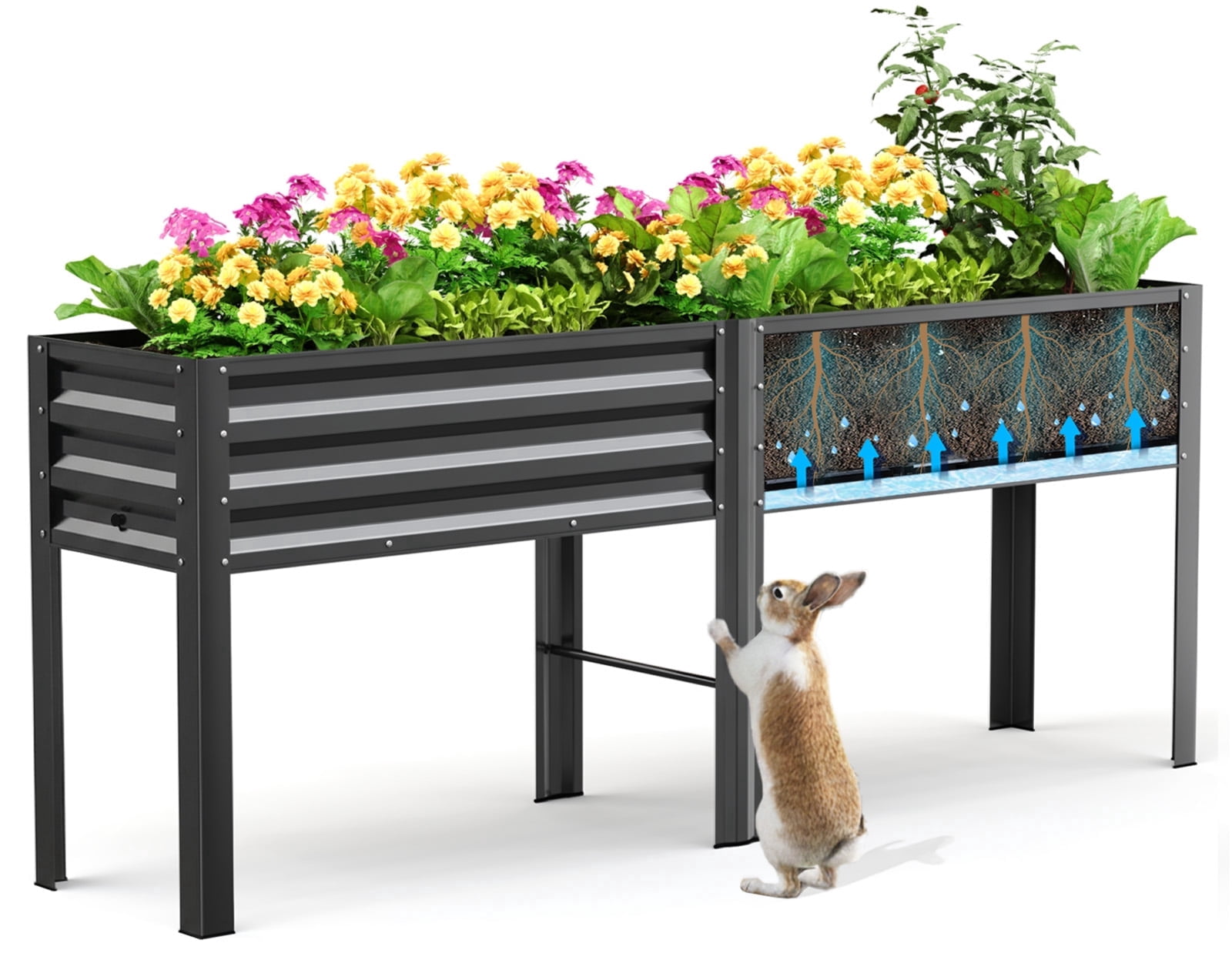 King Bird Galvanized Steel Raised Garden Bed Kit, 80"x17"x31.5" Metal Planter Box with Self-Watering Basin Cells, Tall Elevated Garden Bed for Vegetables & Flowers Deep Gray