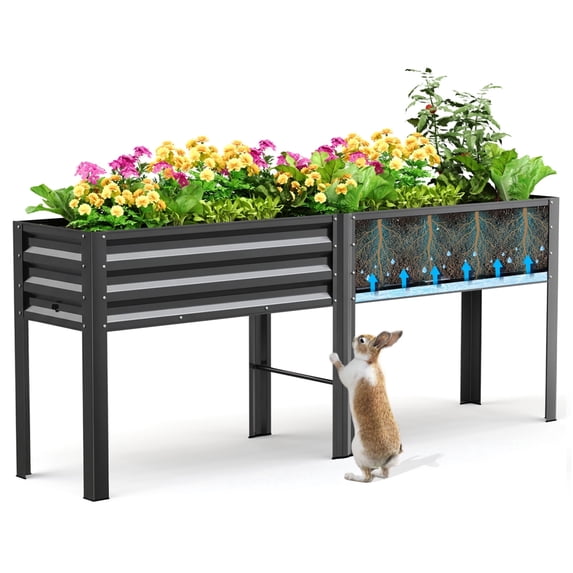 King Bird Galvanized Steel Raised Garden Bed Kit, 80"x17"x31.5" Metal Planter Box with Self-Watering Basin Cells, Tall Elevated Garden Bed for Vegetables & Flowers Deep Gray