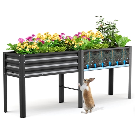 King Bird Galvanized Steel Raised Garden Bed Kit, 80"x17"x31.5" Metal Planter Box with Self-Watering Basin Cells, Tall Elevated Garden Bed for Vegetables & Flowers Deep Gray
