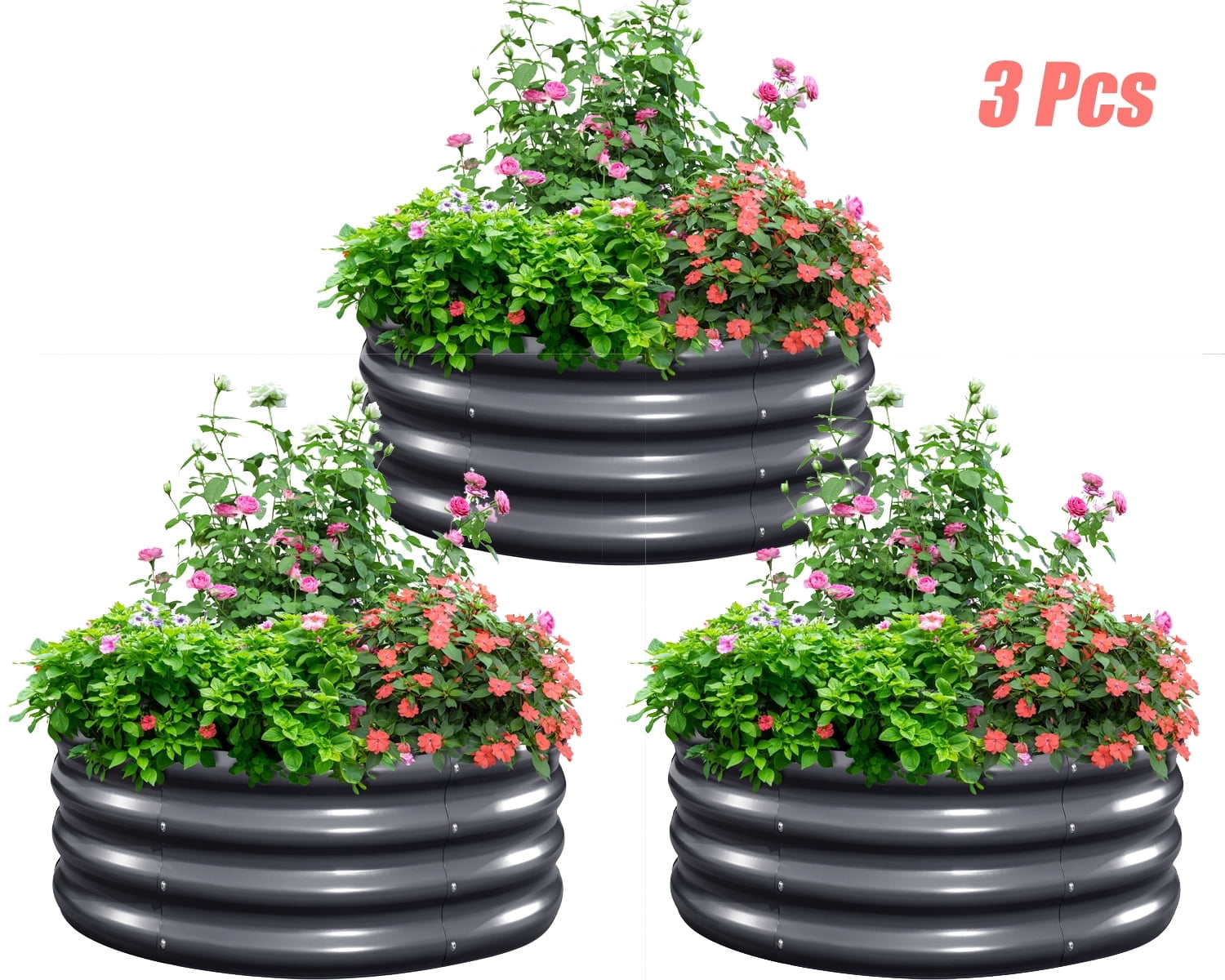 King Bird 3PCS 2x2x1 ft Raised Garden Bed Galvanized Steel Planter Garden Box for Outdoor Gardening Vegetables Flowers Round Dark Gray