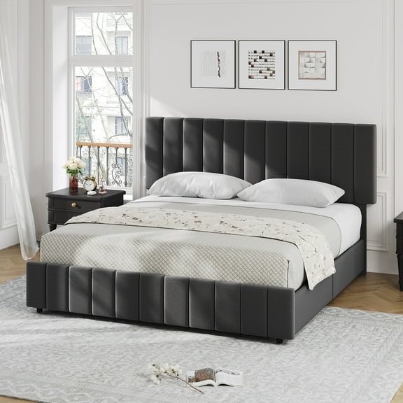 KING Bed Frame, Adjustable Height Headboard, Wooden Slats Support, with 4 Storage Drawers, No Box Spring Needed, Easy to Assembly