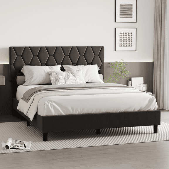 KING Bed Frame with Upholstered Headboard and Wooden Slats Support, Heavy-Duty Platform Bed Frame with Adjustable Headboard, No Box Spring Needed, Easy Assembly, Noise Free Gray