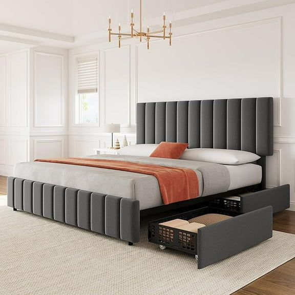 KING Bed Frame Upholstered Platform Bed with 4 Storage Drawers, Large Storage Space, Strong Wooden Slats, Non-Slip and Noise-Free, No Fixed Headboard, No Box Spring Needed