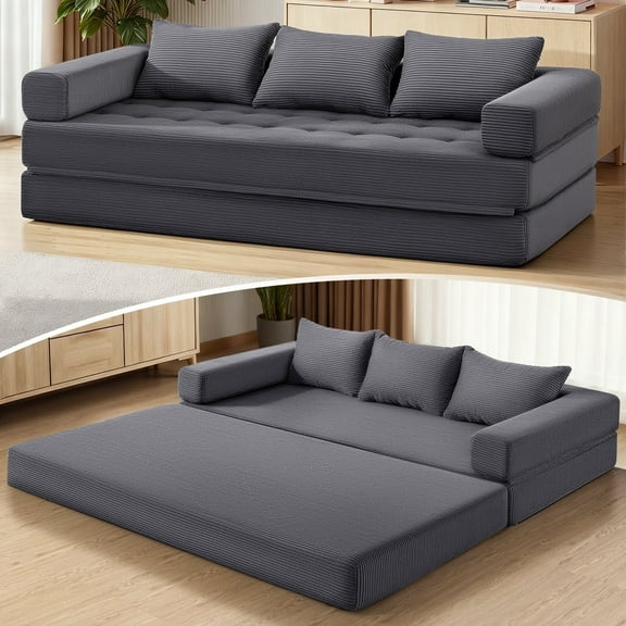 Hommpa 78" Convertible Sofa Bed Foldable Couch Bed Folding Mattress Couch, Sleeper Sofa with 3 Pillows with High Density Foam Filling, for Living Room for Holiday Festival Christmas Gift, Gray, King
