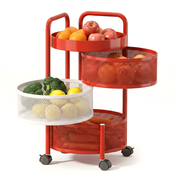KING-LINK 3-Tier Rotating Kitchen Storage Rack, Rolling Fruit Vegetable Basket Utility Cart with Swivel Drawers, No Assembly Organizer