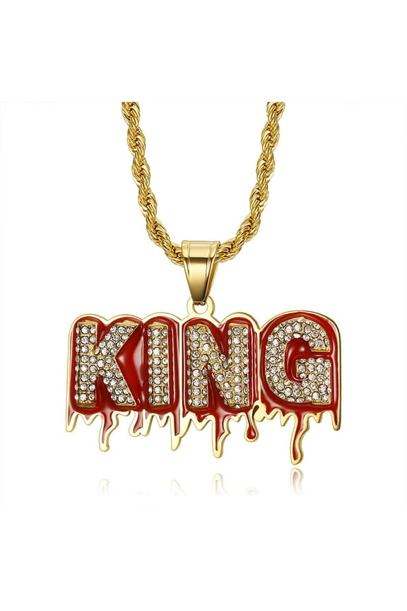 KING Pendant With Rope Chain 14K Yellow Gold Charm Iced Out Bling Men's Hip hop Necklace Rock Jewelry