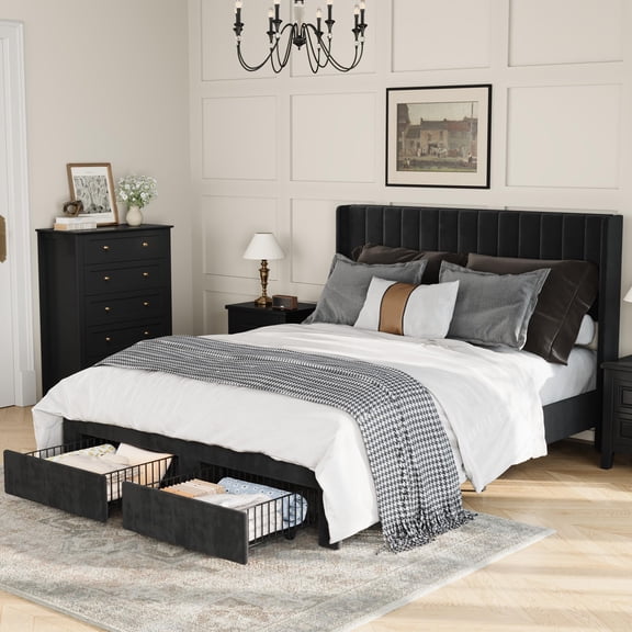 KING/QUEEN/FULL Size Bed Frame, Upholstered Platform Bed Frame with Velvet Headboard, Wing Edge Design, 2 Storage Drawers, No Box Spring Needed