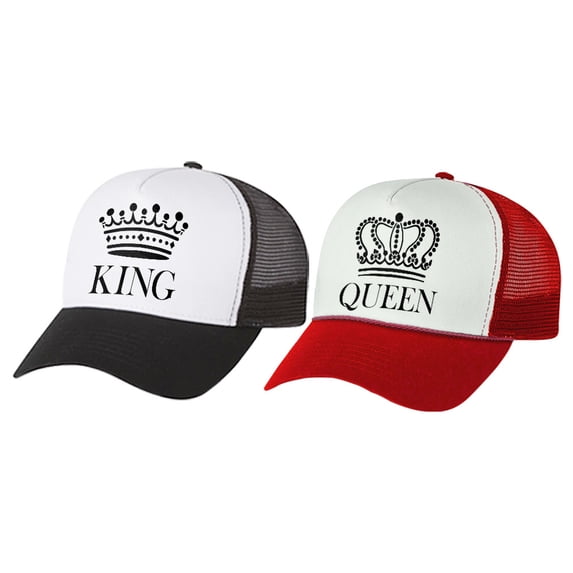 KING & QUEEN Matching Couple Hats Set for Valentine's Day His & Hers Mesh Caps KING black/white OS / QUEEN red/white OS