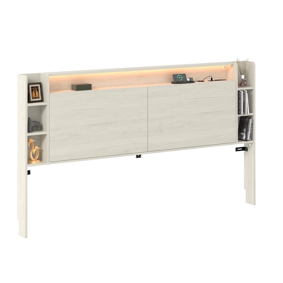 KING SIZE Headboard with Smart Color-Changing LED Lights & Built-in Charging Station, Bedroom Headboard with Storage & Magnetic Doors