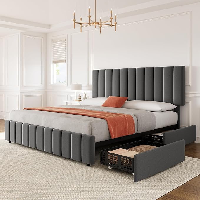 KING Size Storage Bed Frame, Vertical Channel Tufted Adjustable Headboard, Linen Upholstered Platform Bed with 4 Oversized Underbed Drawers, Wooden Slats Support, No Box Spring Needed, Noise-Free