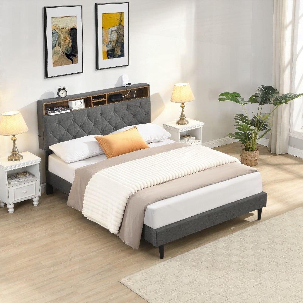 King Size Upholstered Platform Bed Frame with Modern Button-Tufted Linen Fabric Headboard,No Box Spring,Dark Grey for Bedroom