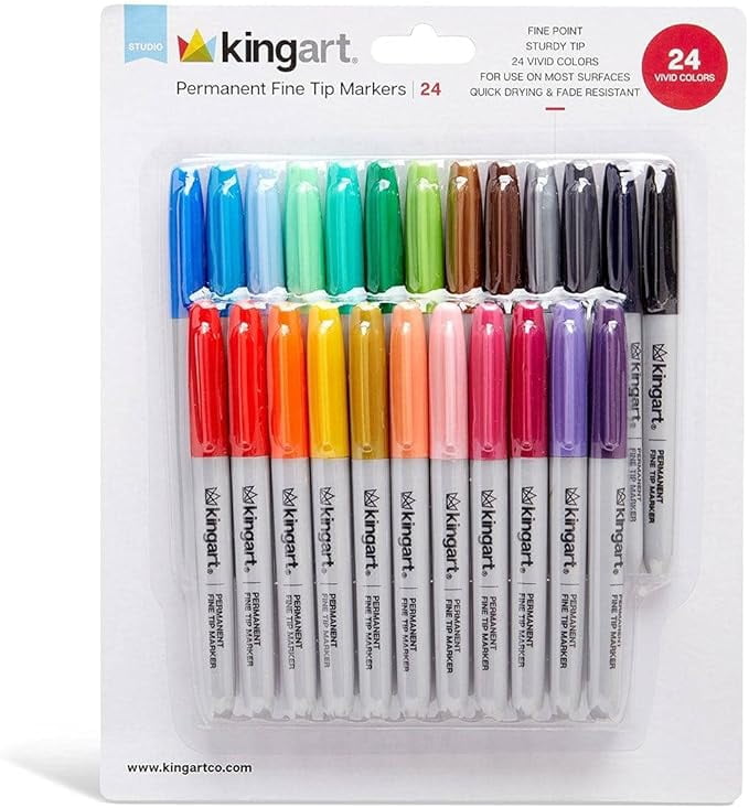 KINGART 460-24 PERMANENT INK Fine Tip MARKERS, Unique & Vivid Colors For Marking, Decorating and Signs, Set of 24