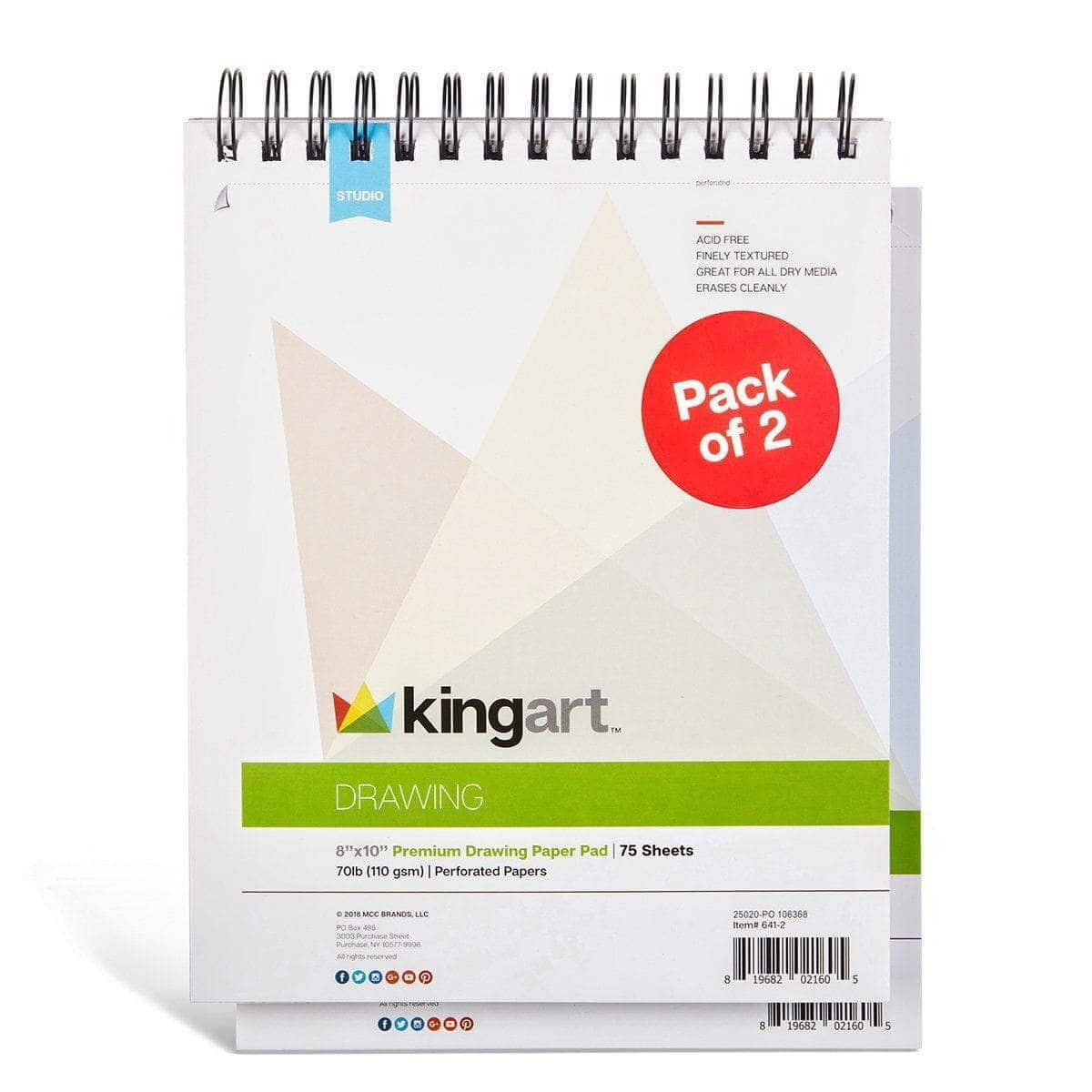 KINGART Drawing Paper Pad, Pack of 2, 8 x 10 inches, 75 Pages Each,  70lb/110gsm, Micro-Perforated, Spiral Bound 