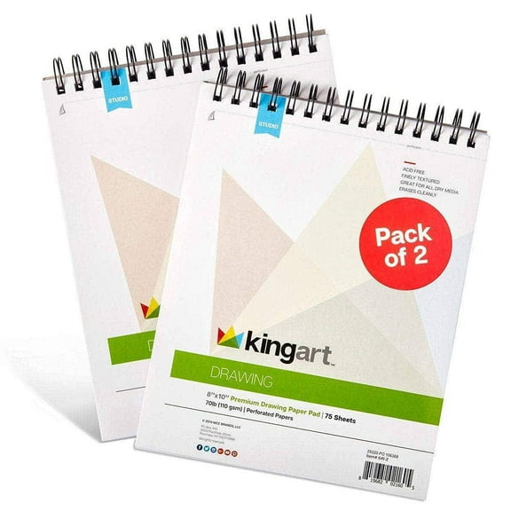 KINGART Drawing Paper Pad, Pack of 2, 8 x 10 inches, 75 Pages Each, 70lb/110gsm, Micro-Perforated, Spiral Bound