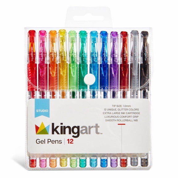 KINGART Glitter Gel Pens Set – 12 Vibrant Colors, Soft Grip 2.5mm Pens for Adult Coloring, Art and Fine lines