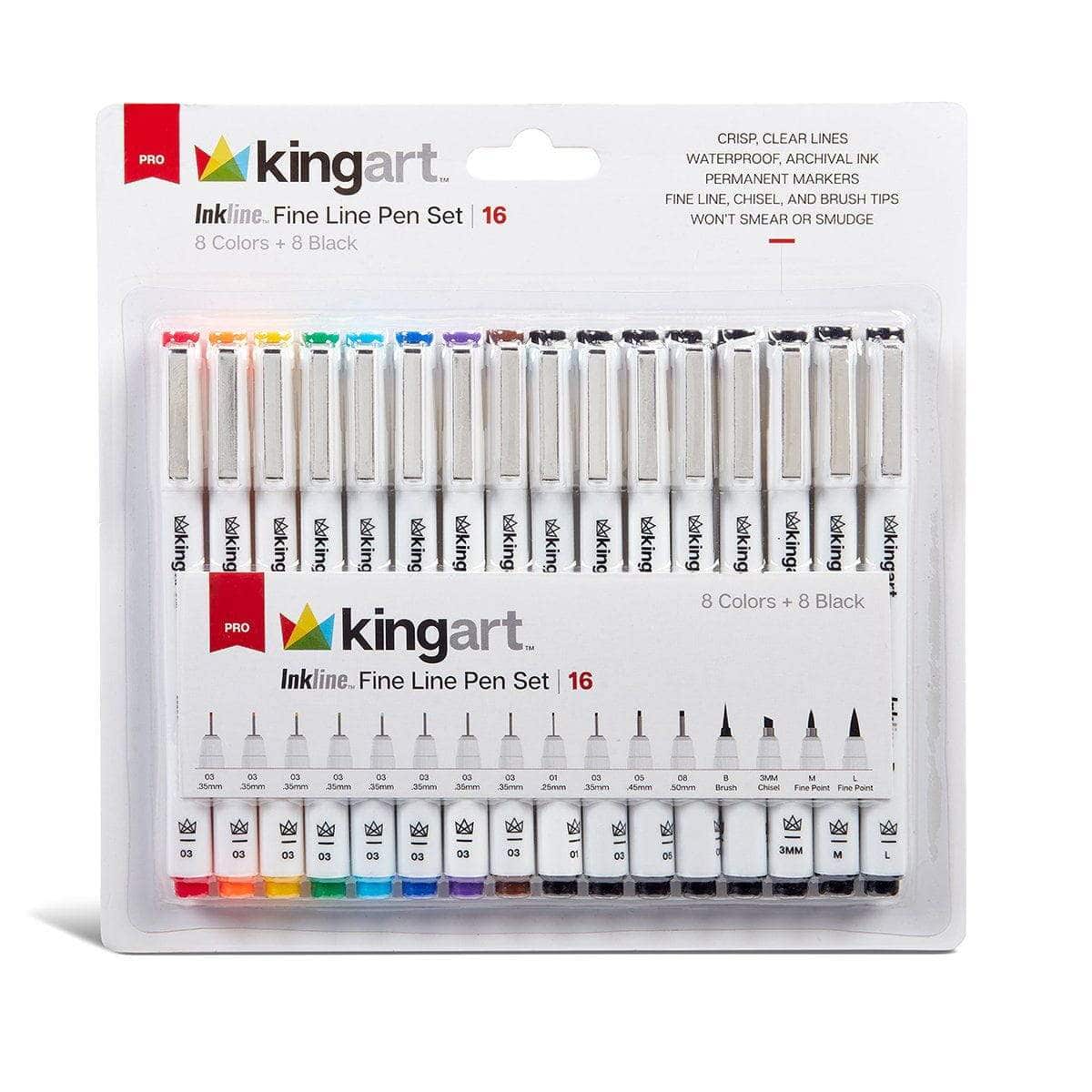 KINGART™ PRO Inkline Fine Line Archival Ink Pens, Set of 16