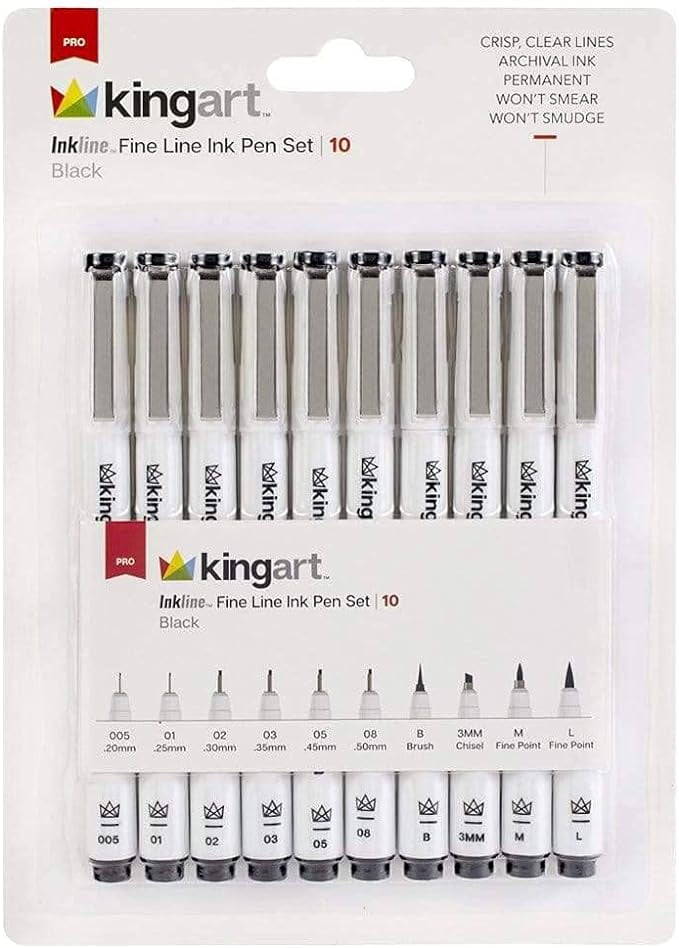 KINGART Inkline MicroLine Pens, 10Piece Black MicroPen Fineliner Ink