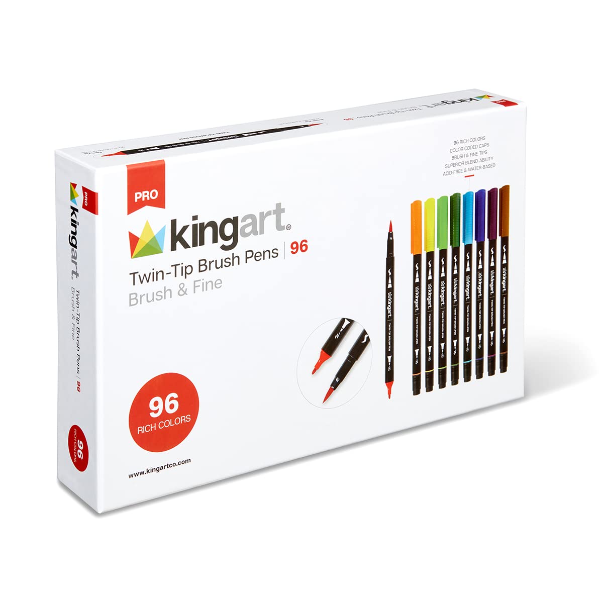 KINGART PRO Dual Twin-Tip Brush Pens, Set of 96 Unique  Vivid Colors,  Watercolor Markers with Flexible Nylon Brush Tips, Professional Watercolor  Pens for Painting, Drawing