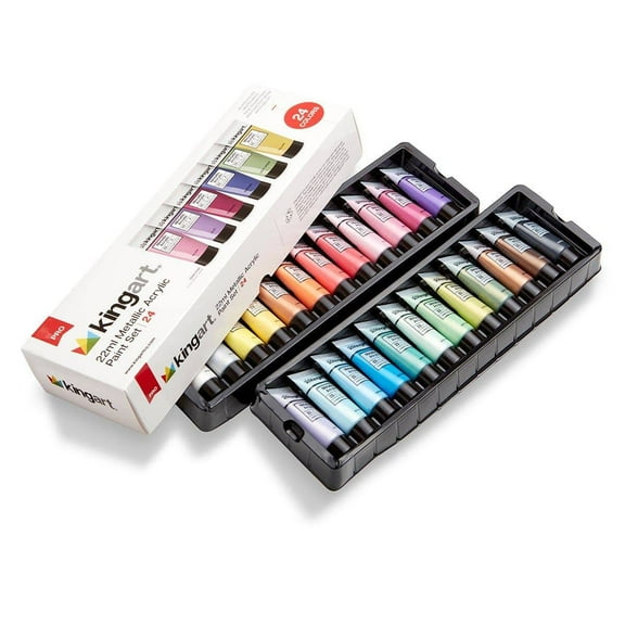 KINGART PRO Metallic Acrylic Paint, 22ml (0.74oz) Set of 24 Rich Pigment, Shimmery Colors