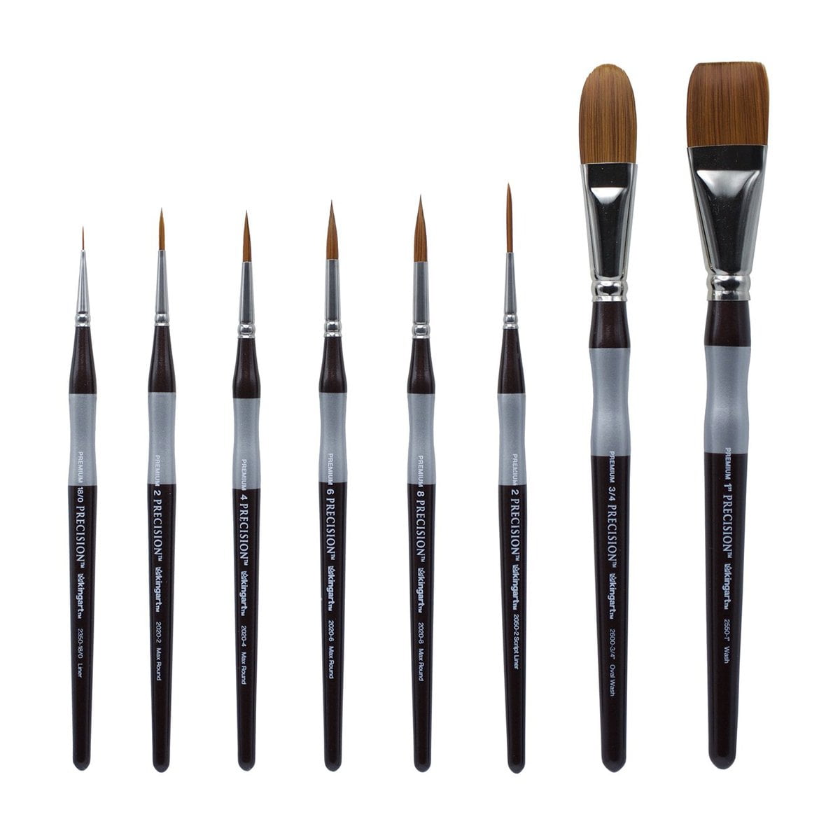 KINGART™ Precision, Ergonomic Amber Taklon Brushes, Set of 8