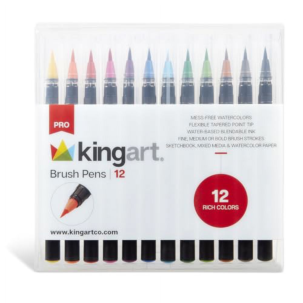 KINGART Pro Brush Pens, 12 Colors for Real Watercolor Painting with