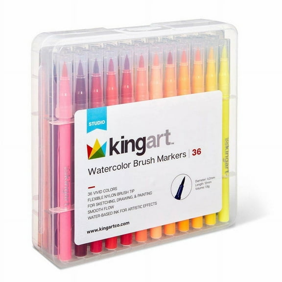 KINGART Studio Watercolor Brush Markers, Storage Case, Set of 36 Unique Colors