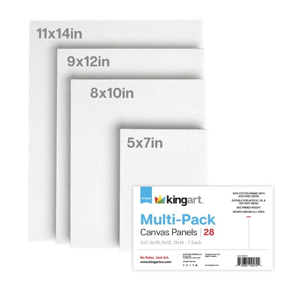 KINGART White Canvas Panels, Classic, Multiple Sizes, Set of 28 (7 ea. 5x7, 8x10, 9x12, 11x14)