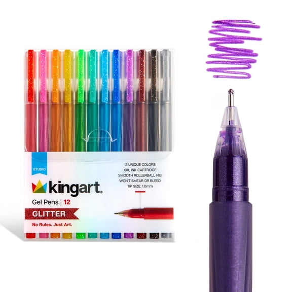 KINGART® Glittering Colored Gel Pens, Scrapbook, Journals, or Drawing, Colored Glitter Ink, Medium Line , Set of 12 Unique Colors