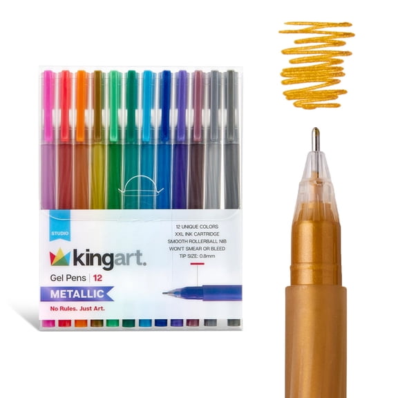 KINGART® Metallic Gel Pens, Scrapbook, Journals, or Drawing, Colored Metallic Ink, Medium Line , Set of 12 Unique Shades