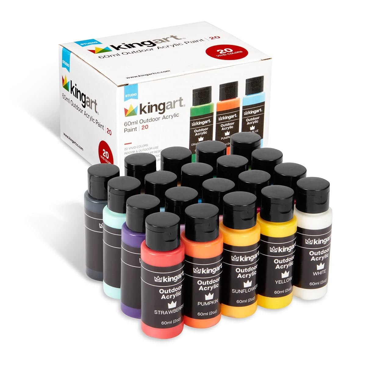 KINGART Outdoor Waterproof Acrylic Paint, 60ml (2oz) Bottle, Set of 20 Unique Colors