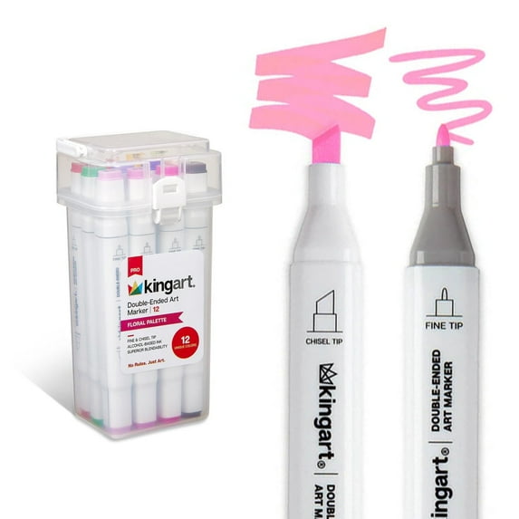 KINGART® PRO Double-Ended Art Alcohol Markers, 12 Floral Palette Colors with Both Fine & Chisel Tips and Superior Blendability