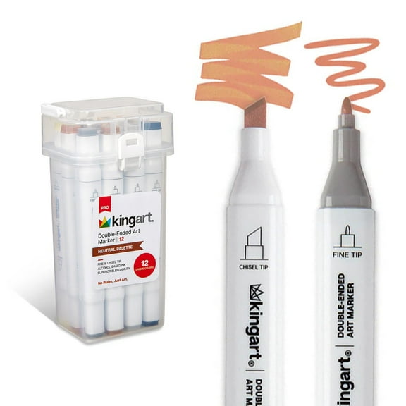 KINGART® PRO Double-Ended Art Alcohol Markers, 12 Neutral Palette Colors with Both Fine & Chisel Tips and Superior Blendability