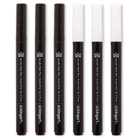 KINGART® PRO Extra Fine Point Acrylic Paint Pen Markers, Black & White, Set of 6 (3 each)