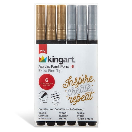 KINGART® PRO Extra Fine Point Acrylic Paint Pen Markers, Silver & Gold, Set of 6 (3 each)