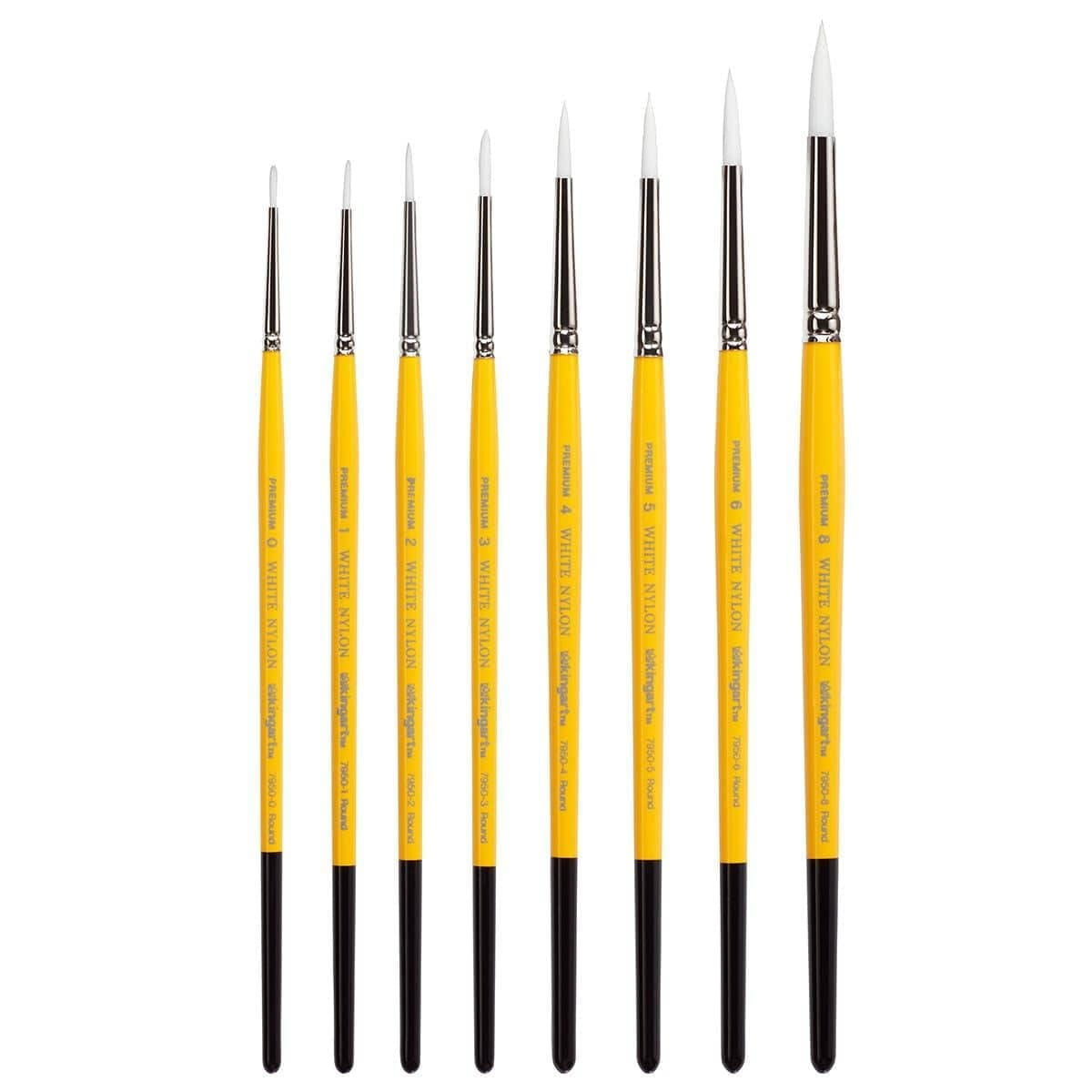 KINGART&reg; Premium White Nylon 7950 Gold Grip&trade; Series Round Artist Brushes, Set of 8 Unique Sizes