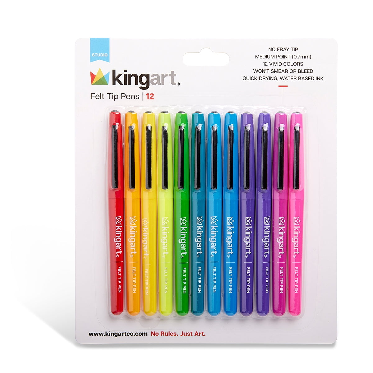 KINGART Studio Felt Tip Pens, Medium Point, Set 12 Unique Bright Colors