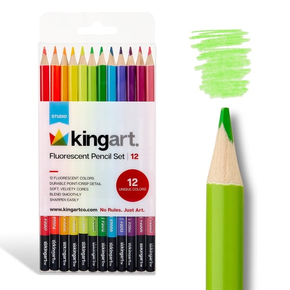 KINGART® Studio Fluorescent Neon Colored Pencils, Set of 12 Unique Colors