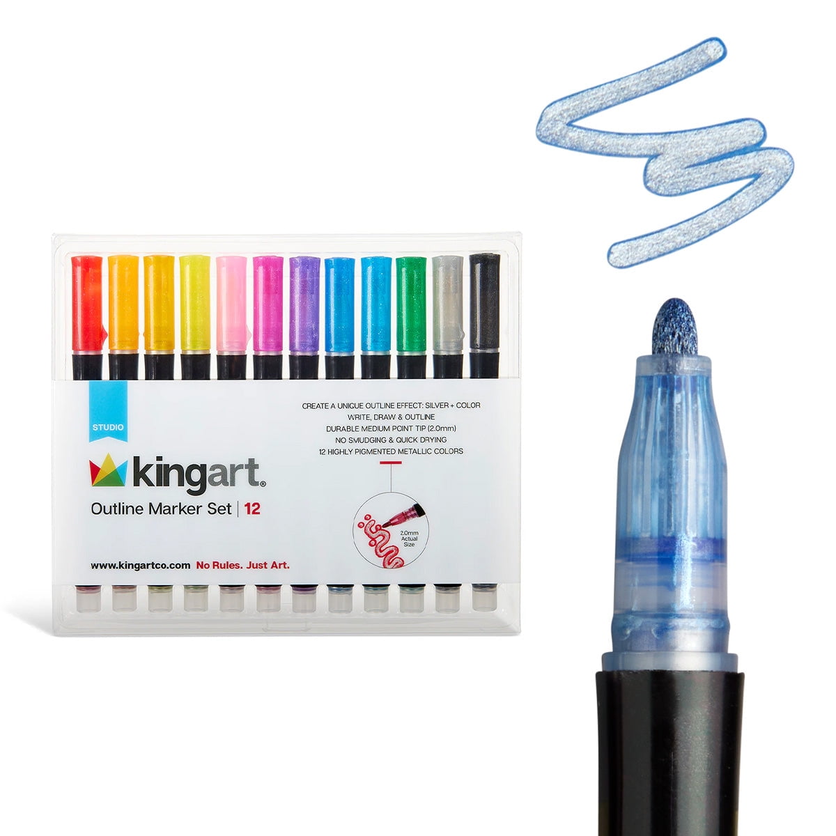 KINGART Studio Outline Markers - 12 pc. Set, Metallic Silver with Color Outlines