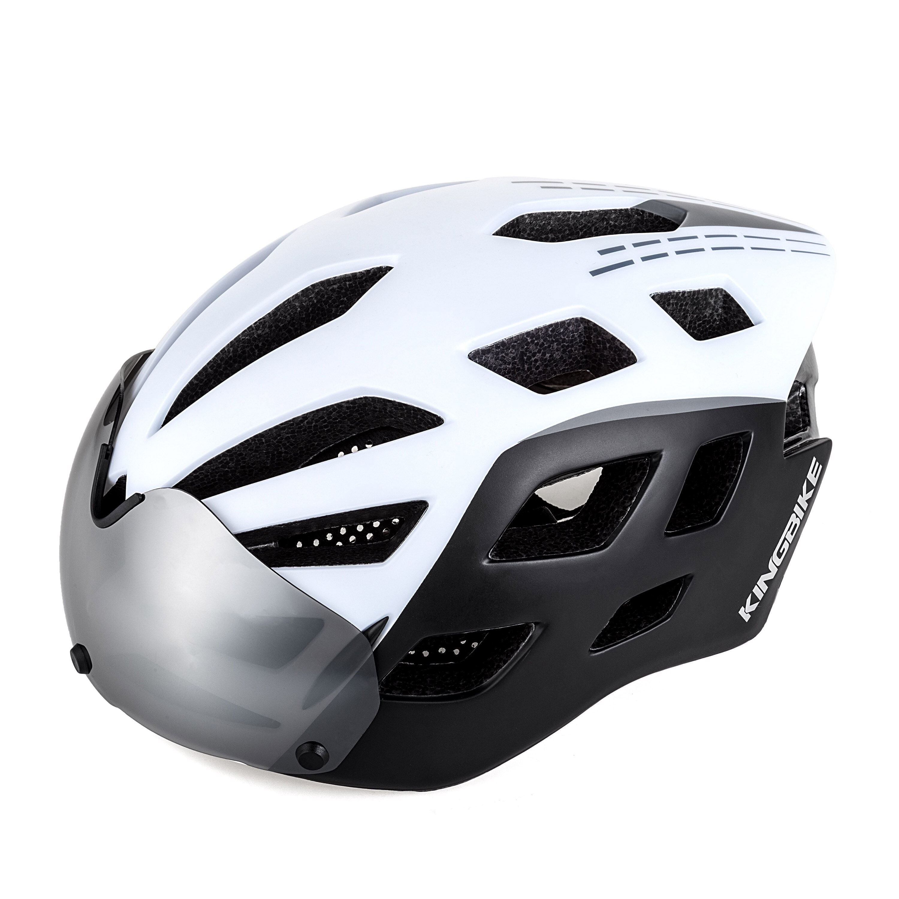 KINGBIKE Road Bike Helmet Urban Cycling Scooter Helmet for Adults with Rear LED Light and Magnetic Goggles 21.65 24.01in Black White
