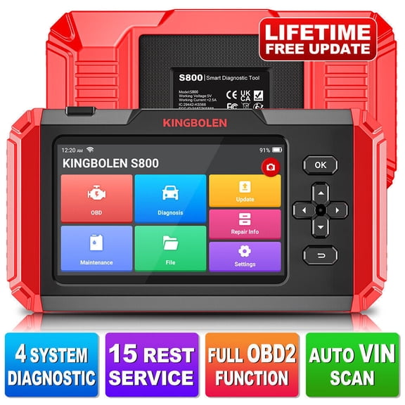 KINGBOLEN S800 OBD2 Scanner ABS SRS Transmission Check Engine Light Car Code Reader Diagnostic Tool with 15 Free Reset Services, Lifetime Free Update