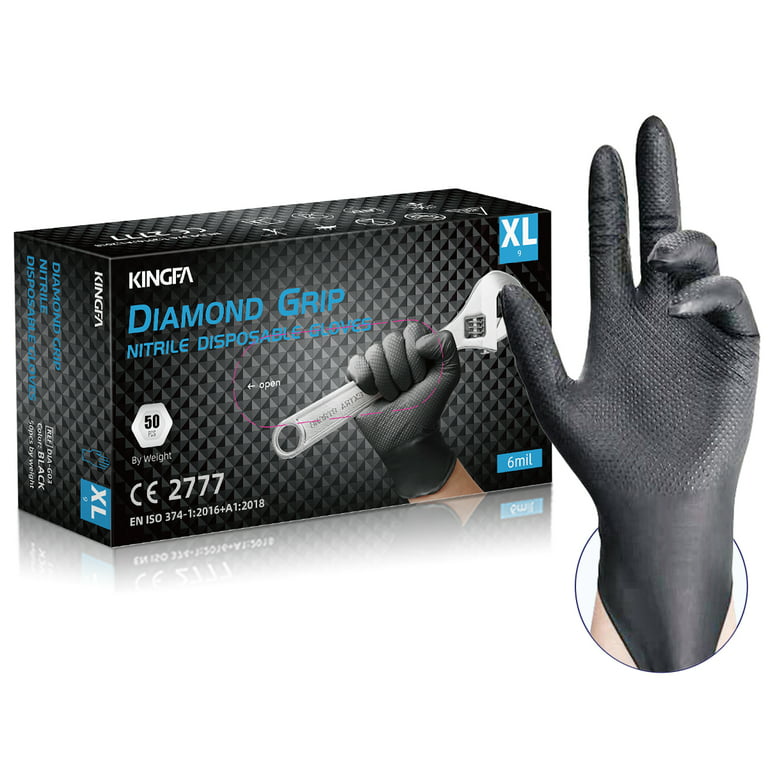 Kingfa Diamond Textured Heavy Duty Industrial Nitrile Disposable Gloves, Large, Black, 6 mil, 50pcs, Dia-g03, Adult Unisex, Size: One Size