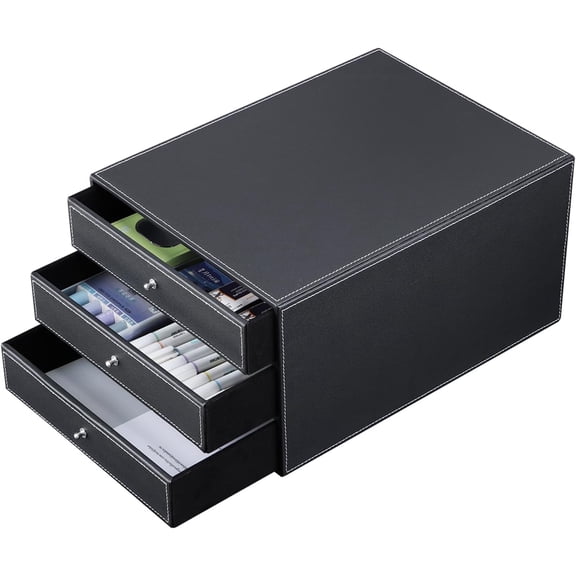 KINGFOM 3-Drawer 3-Layer Wood Structure Leather Desk Filing Cabinet File/Document Holder Organizer Storage Box (style B black)