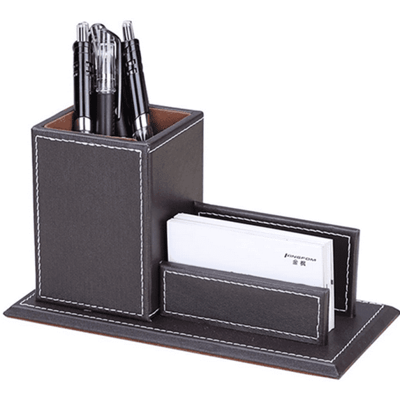 KINGFOM Business Card Holder, PU Leather Pen Holder Business Card Box Name Card Holder Office Supplies Organizer Desktop Organizer Brown