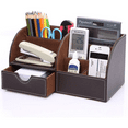 thumbnail image 1 of KINGFOM Desktop Drawers, PU Leather Pen Holder Desktop Organizer Office Supplies Storage Box for Pen/Mobile Phone/Remote Control Brown, 1 of 9