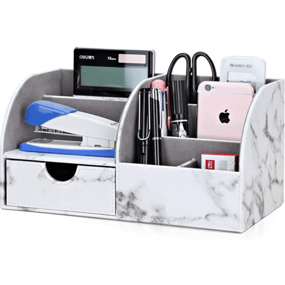 KINGFOM Desktop Drawers, PU Leather Pen Holder Desktop Organizer Office Supplies Storage Box for Pen/Mobile Phone/Remote Control Gray Marble