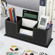 KINGFOM Desktop Organizer, Leather Pen Holder Office Workspace Organizer Stationery Storage Box Pencil Holder Business Card Holder Black