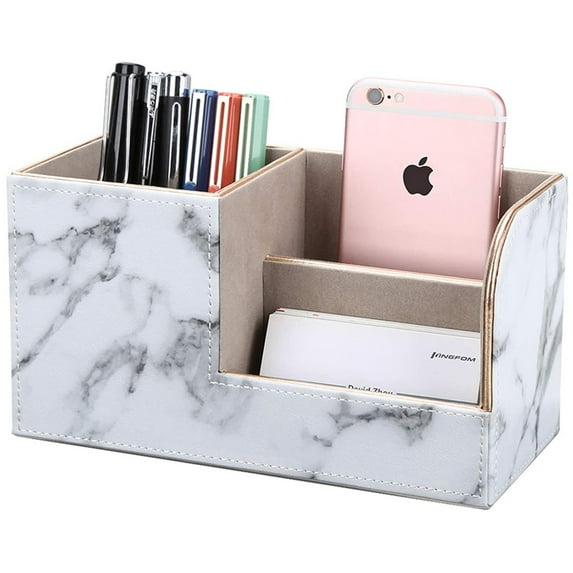 KINGFOM Pen Holder, PU Leather Desk Organizer Home School Office Stationery Storage Box Office Supplies Organizer Business Card Holder White Marble with Gold Line